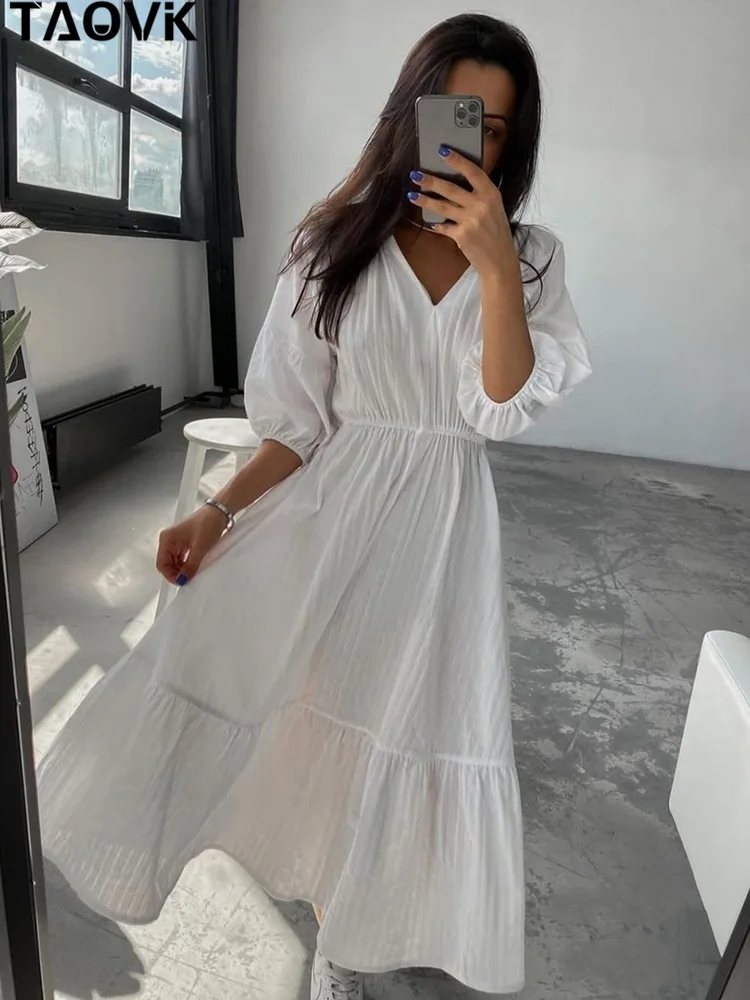 

TAOVK Women’s Summer Long Dresses Casual Soft V-neck Lattern Short Sleeve High Waist Elegant Chic Ruffled Solid Color Dress