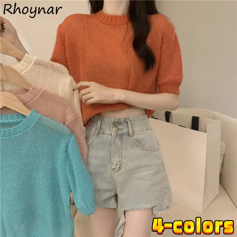 

O-neck Thin Short Sleeve T-shirts Women Summer Solid Retro Office Ladies New Design Fashion Ins Korean Style Ulzzang Pull Femme