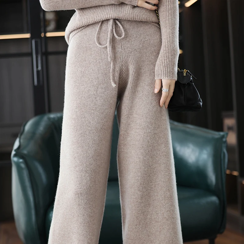 2022 New Autumn And Winter Wide Leg High Waist Wool Pants Women's Versatile Casual Solid Loose Cashmere Knitted Outwear Leggings