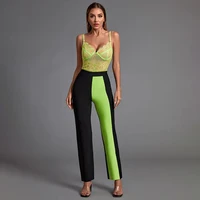 Green Two Piece Set Bodysuit and Pants 2022 New Women's Elegant Sexy Lace Evening Club Party Set Summer Outfiits