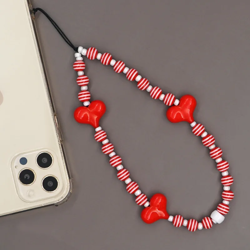 

2022 INS Модная красочная полоса из бисера Цепь для телефона для женщин Красный Зеленый Розовый акриловое сердце аксессуары Lanyard