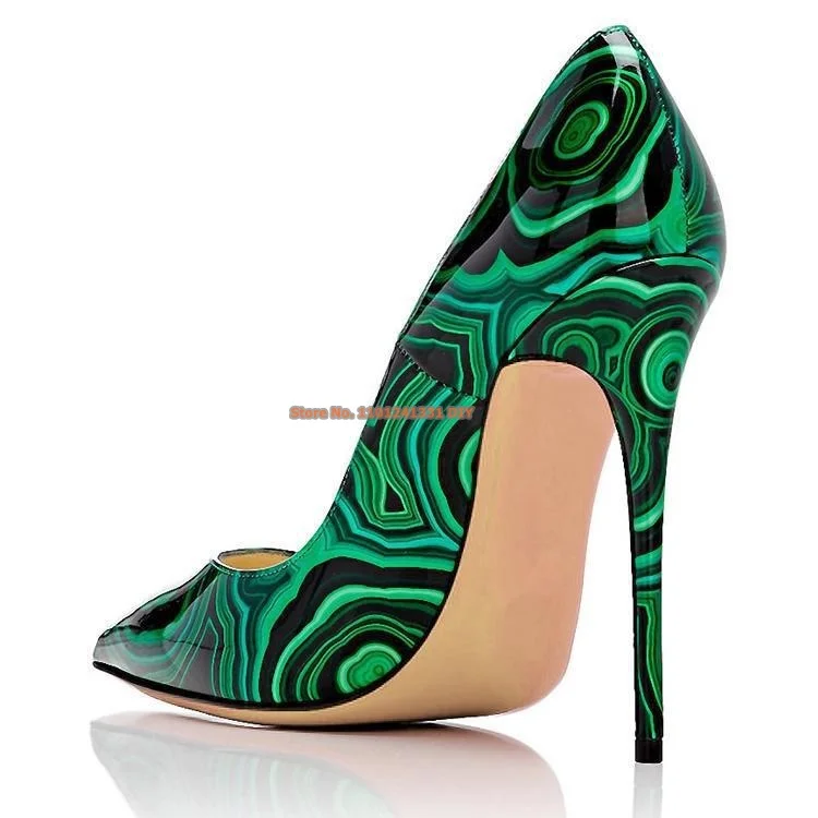 Green Whirlpool Pattern Thin High Heel Pointed Toe Female Dress Shoes Women Slip On Pumps Stiletto Heels