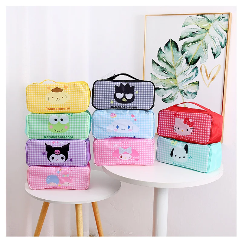 

Anime Sanrioed My Melody Kuromi Cinnamoroll Kittys Cat Cartoon Plaid Cosmetic Bag Kawaii Portable Travel Underwear Storage Bag
