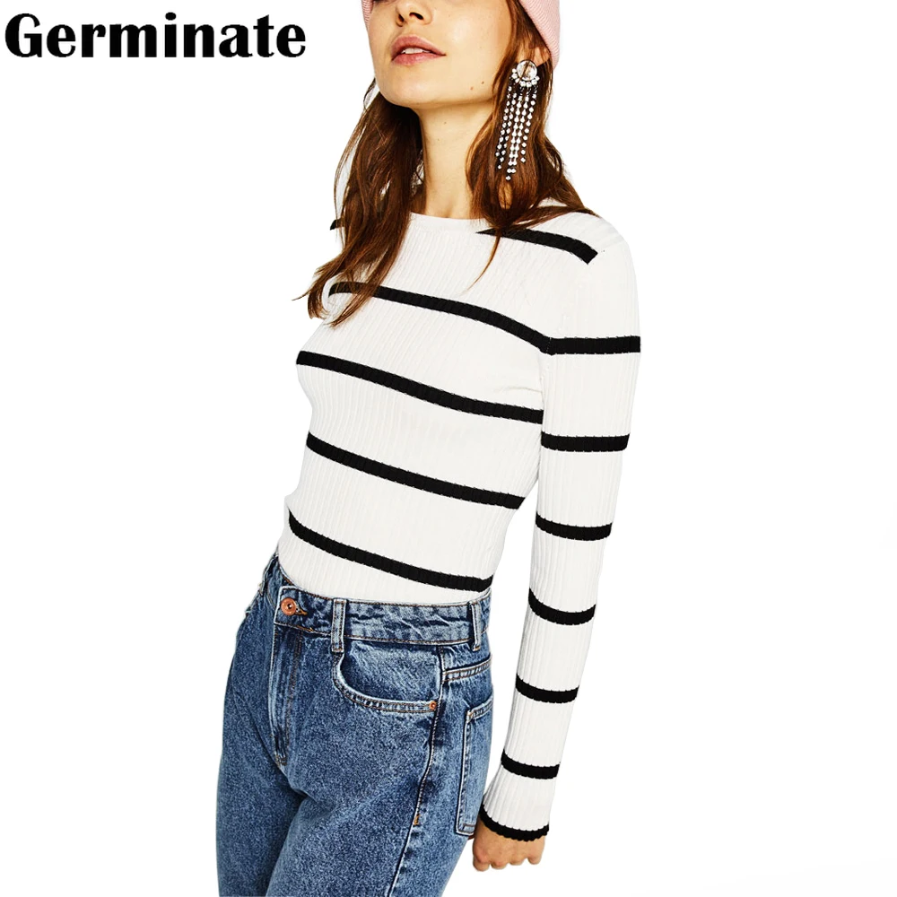 Женский вязаный свитер в полоску с прорастанием модный тонкий теплый черный