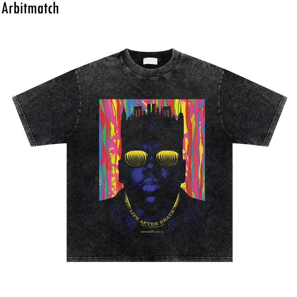 

Модная Повседневная футболка в стиле хип-хоп в стиле Харадзюку с портретным принтом рэпера, промытая футболка с круглым вырезом, Повседневн...