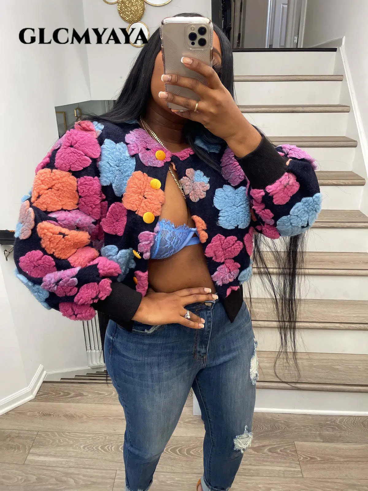 

GLCMYAYA Street Women Single Breasted Floral Appliques Long Sleeve Jacket Thick Warm INS 2023 Winter Vintage Cardigan Outwear