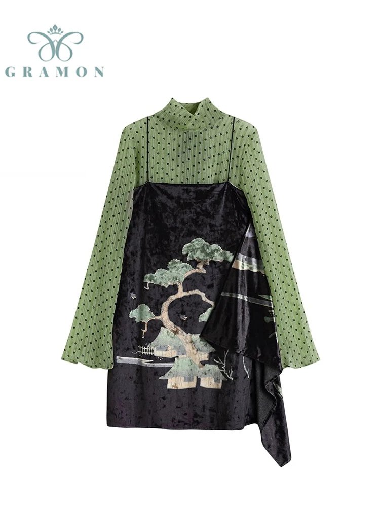 

2022 Autumn New Style Bohemian Style Women Suit Lace Ploka Dot Long Sleeve T-Shirt And Black Print Velvet Suspender Dress Lady