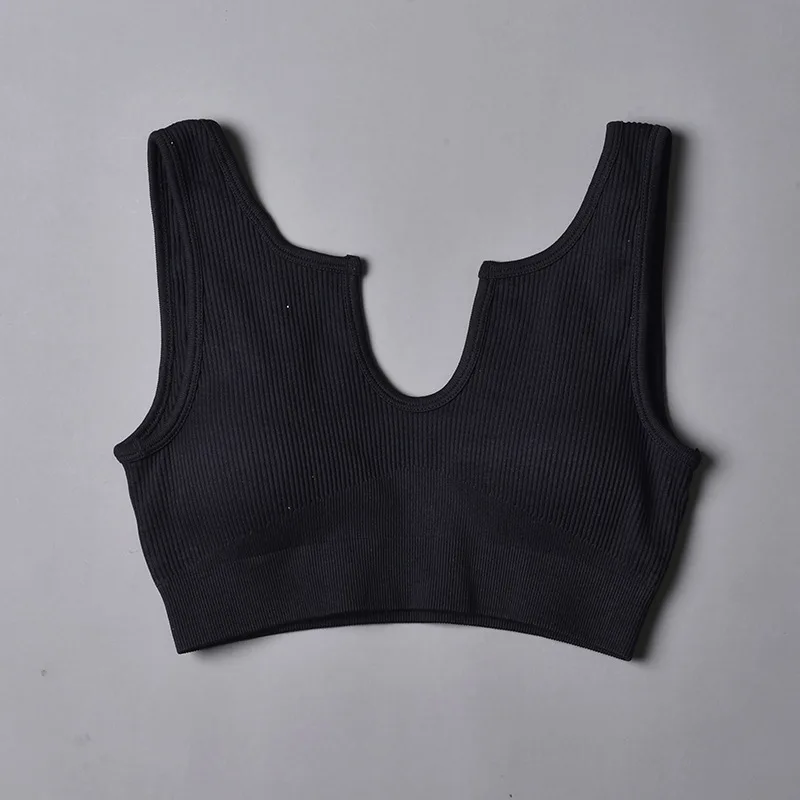 Women Yoga Bra U-neck Vest Tops Nylon Breathable Women Fitness Running Yoga Sports Bra Solid Color Ribbed Sport Wear Bras