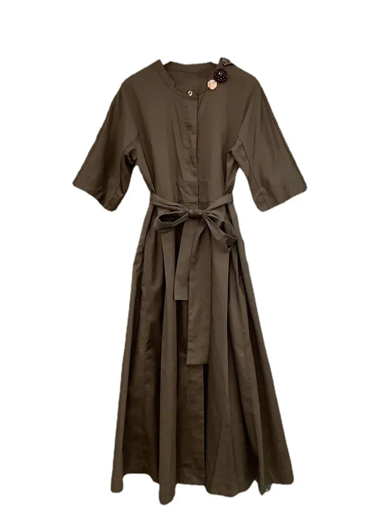 

Women's Midi Dress Half Sleeve Bead Lace-up Shirt Robe