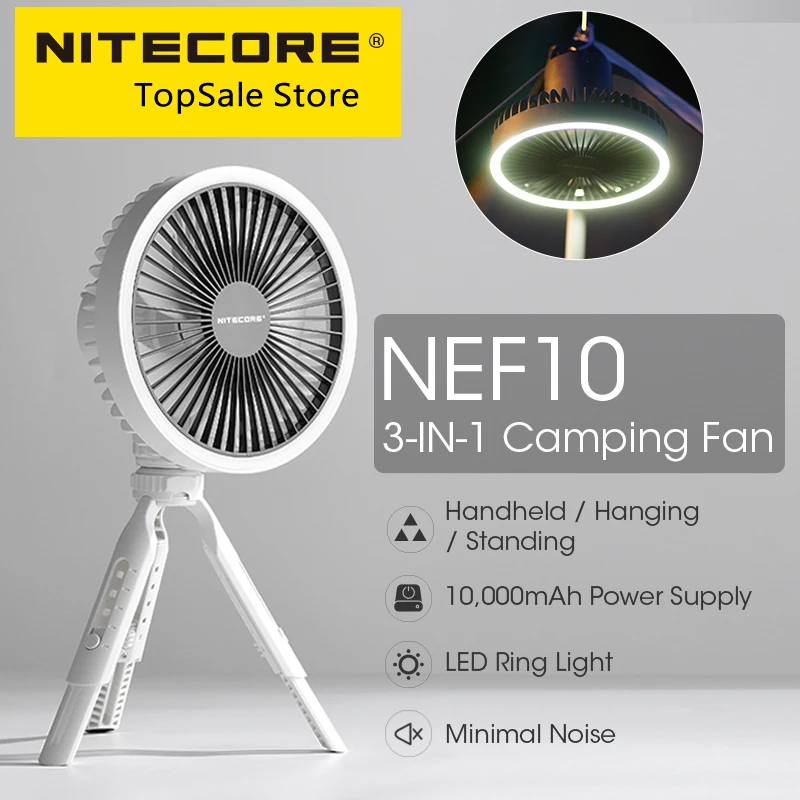 Original Nitecore NEF10 3in1 USB-C Rechargeable Ceiling Fans Camping Electrice Fan +Power Bank +LED Ring Light Adjustable Tripod