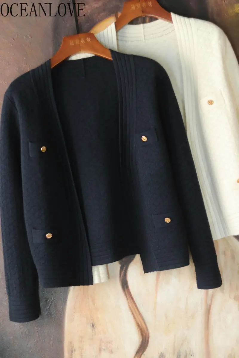 OCEANLOVE корейские модные кардиганы для женщин однотонные двубортные винтажные