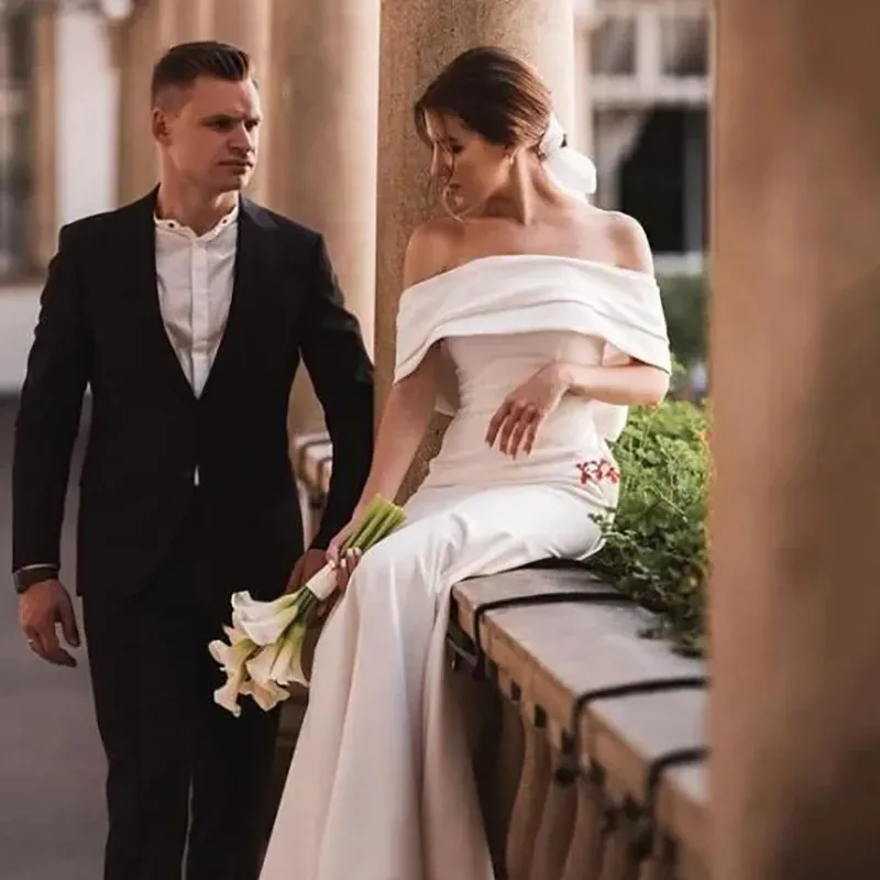 

Princess Wedding Dresses Satin Mermaid Bridal Gowns Off The Shoulder Elegant Long Train Bride Party Robe De Mariée