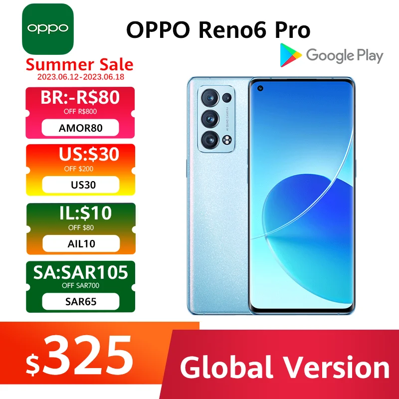 Global Version OPPO Reno 6 Pro 5G 12GB 256GB Snapdragon 870 6.55'' 90Hz Display 50MP Quad Cameras 65W SuperVOOC Reno6