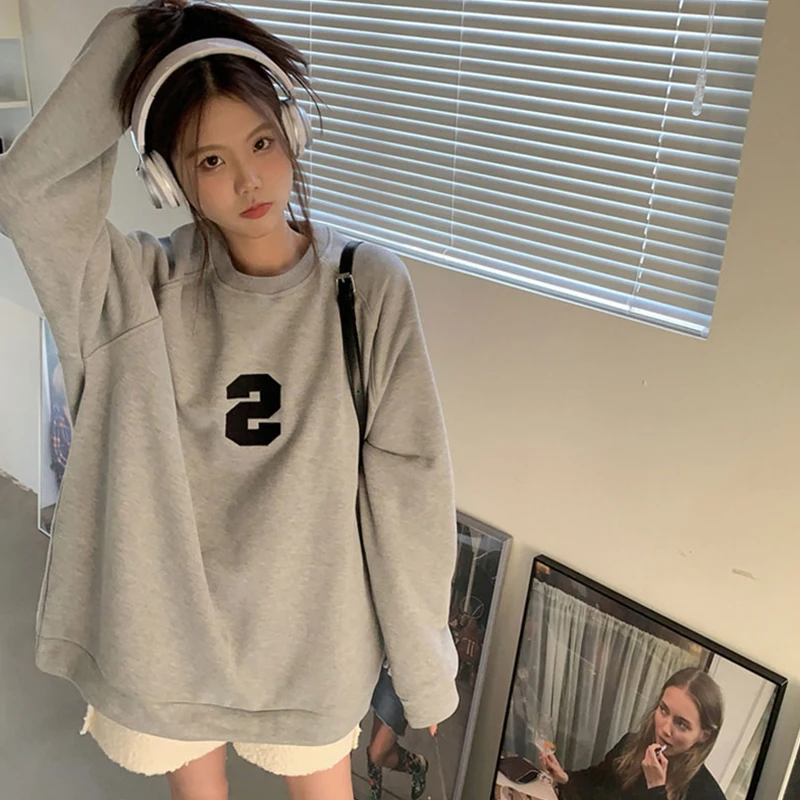 Korean New Grey Crew Baggy Sweatshirt Women Spring Autumn Fashion Letter Printing High Street Vintage Long Sleeves Pullover TOP