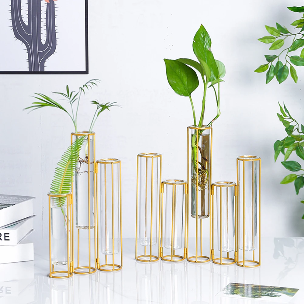 

Nordic Style Metal Transparent Glass Test Tube Flower Stand Flowers Vases Flower Arrangements Plant Holder Home Office Decor