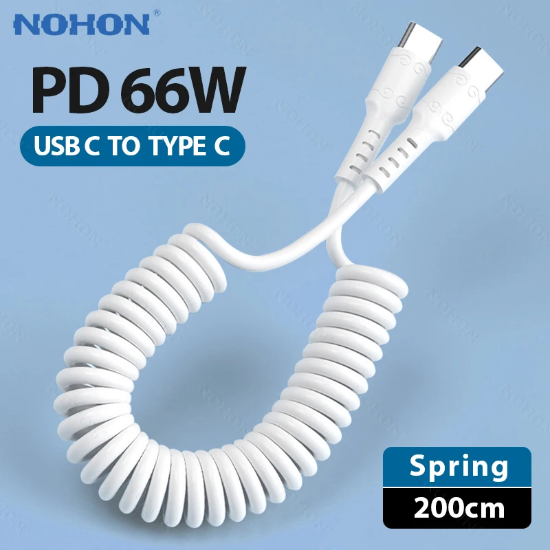 

NOHON 2m Spring USB C To Type C Cable 66W PD Fast Charging Charger Cord for iPad Samsung Xiaomi USBC Type-c Cable