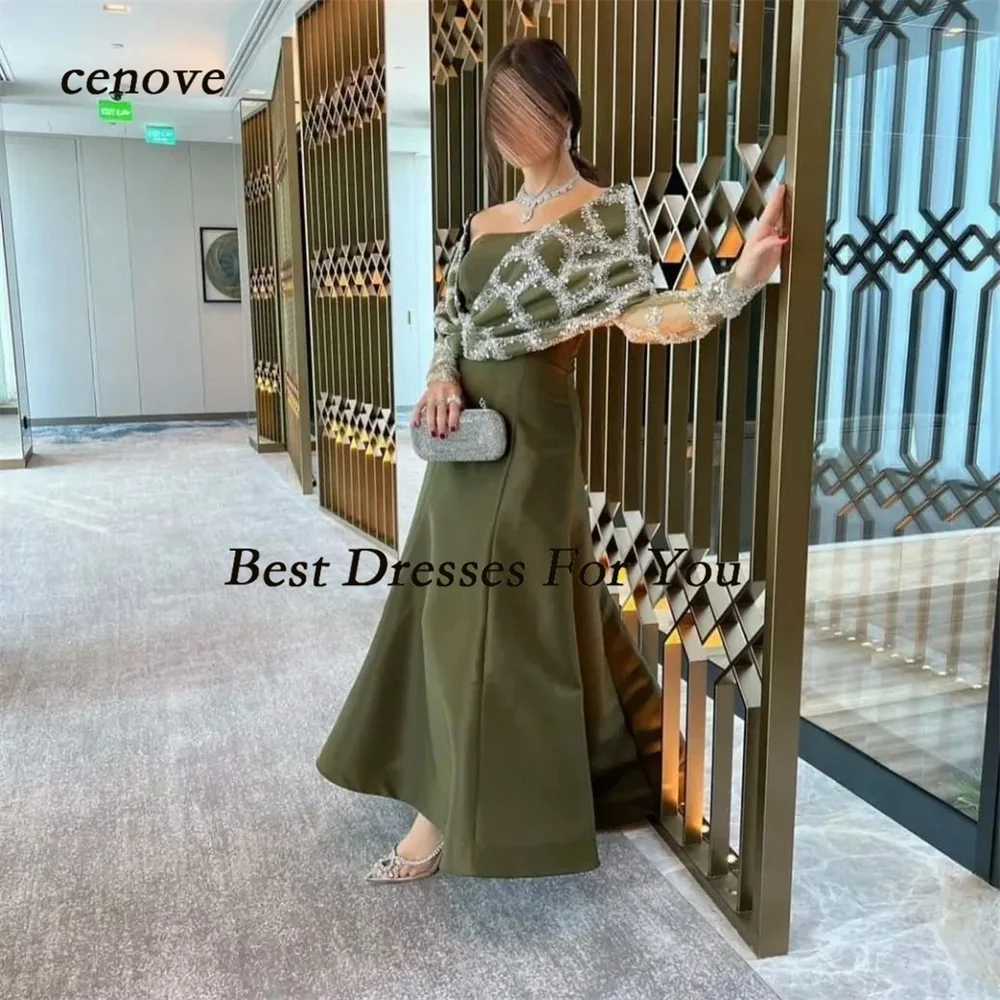 

Cenove Avocado Green Prom Dress With Cap Sleeve Arabic Sparkling Evening Dress Formal Gowns for Women Wedding Party 2023