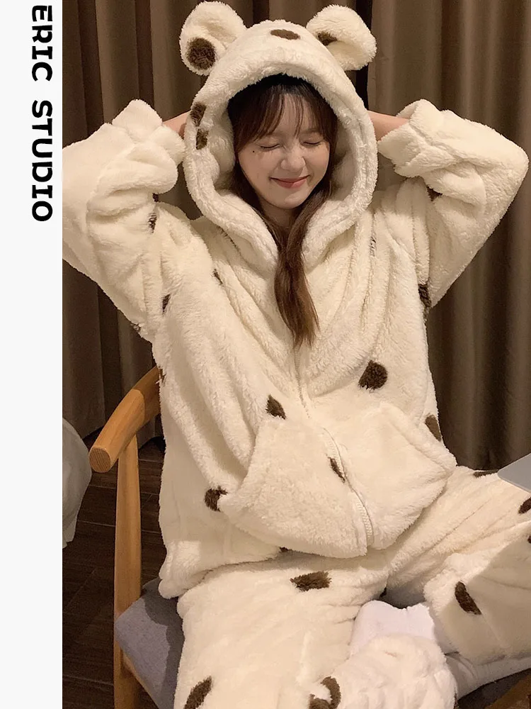 Женские пижамы из кораллового флиса с милым мультяшным медведем новинка 2024