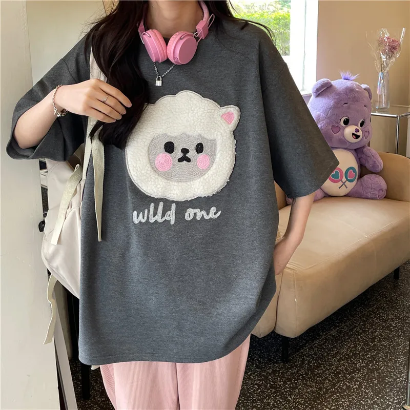 

KCHY летняя свободная футболка, Женская милая одежда, повседневный топ с коротким рукавом и надписью ягненка с начесом, модный трендовый