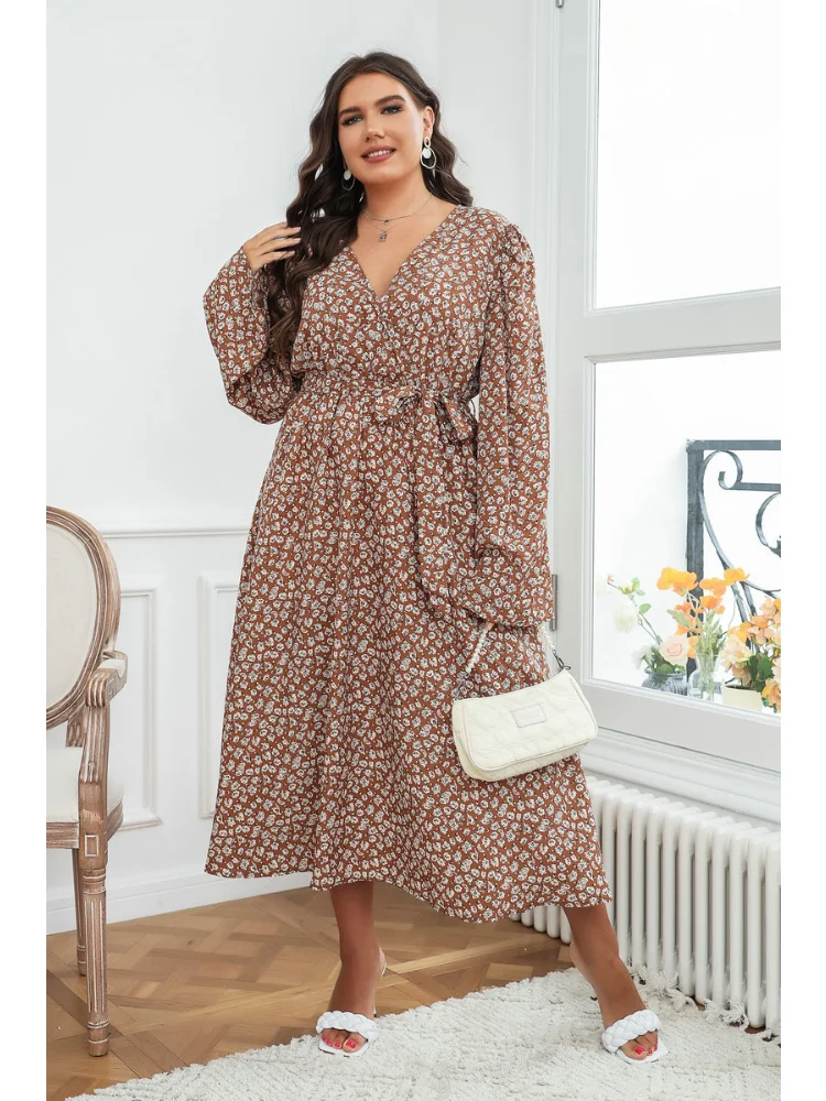 Summer New Large Fashion Foreigner Long Sleeve Skirt Slim Fragmented Flower Dress plus size dresses party dresses