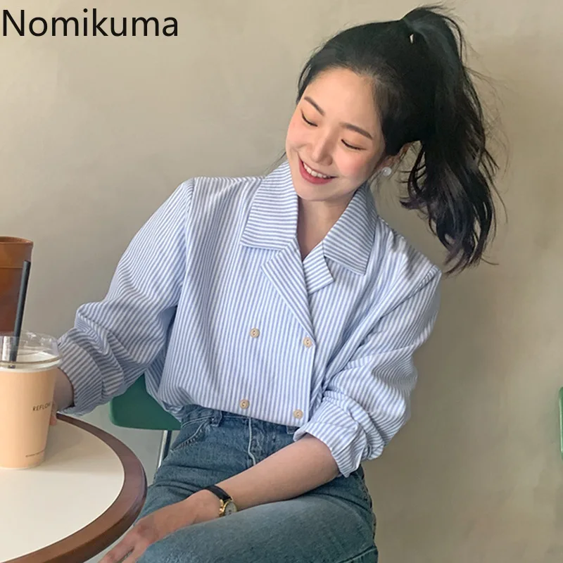 

Nomikuma Women Shirts Spring Autumn Long Sleeve Suit Collar Striped Loose Camisas Mujer Korean Vintage Temperament Women Tops
