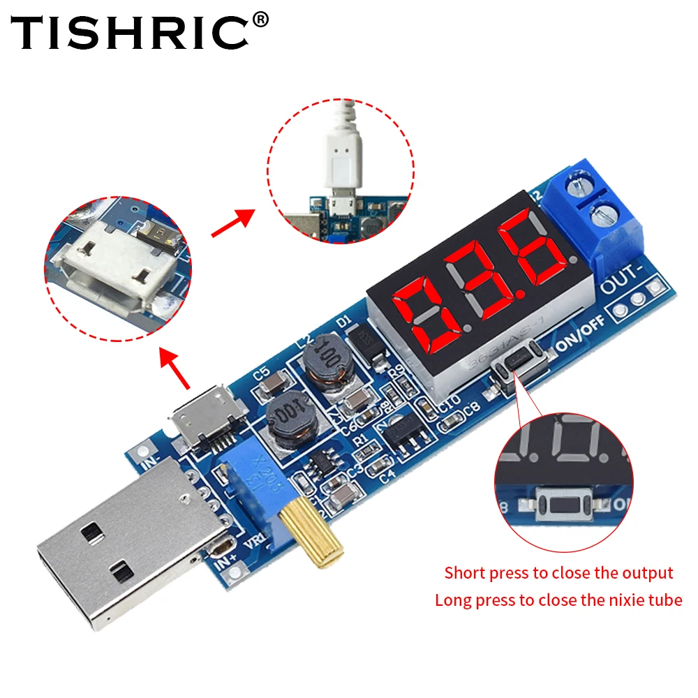 

TISHRIC повышающий понижающий преобразователь USB, понижающий USB-преобразователь постоянного тока от 5 В до 3,3 В/12 В USB, регулируемый выход постоянного тока 1,2-24 В