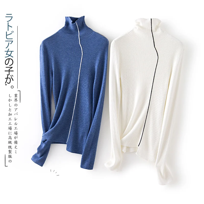 

Turtleneck Line Design Women Wool Sweater 2022 Autumn Winter Long Sleeve Slim Pullovers Solid Color Lady Knitwear Tops 9% Wool