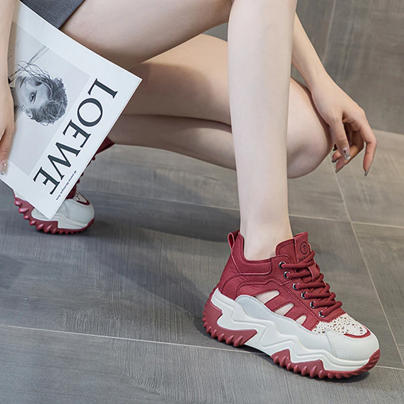 Genuine Leather Hollow Strap Design Air Mesh Comfy High Brand Breathable Shoe Chunky Sneakers Spring Summer Platform Wedge Shoes