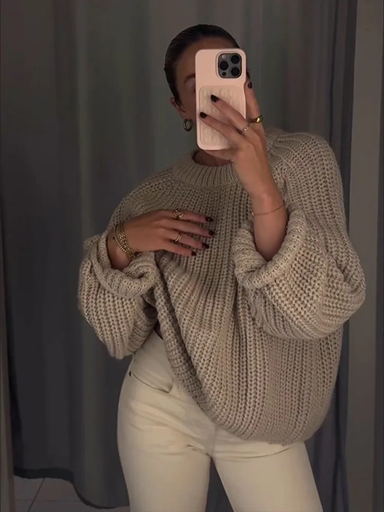 Однотонный свободный женский свитер с круглым вырезом повседневный вязаный