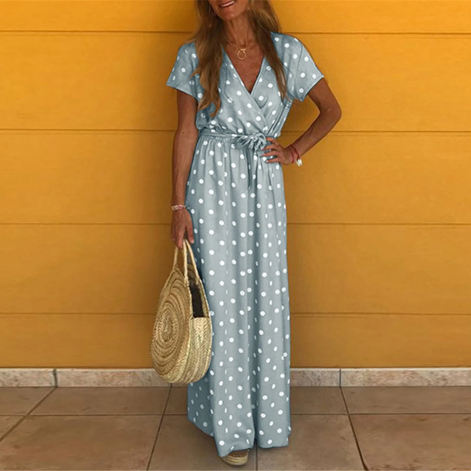 

Женское длинное платье с коротким рукавом, платье-макси в горошек, элегантная одежда, лето 2022