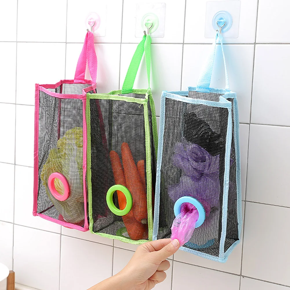 

Useful Kitchen Storage Bag Garbage Bag Dispenser Wall Hanging Kitchen Decor Organizer Plastic Grid Home Grocery Storage Bags