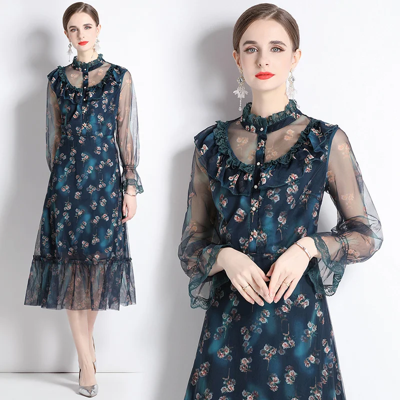 

Spring and summer new print fishtail dress women's Sen broken flowers court style skinny dress women's XA9207075
