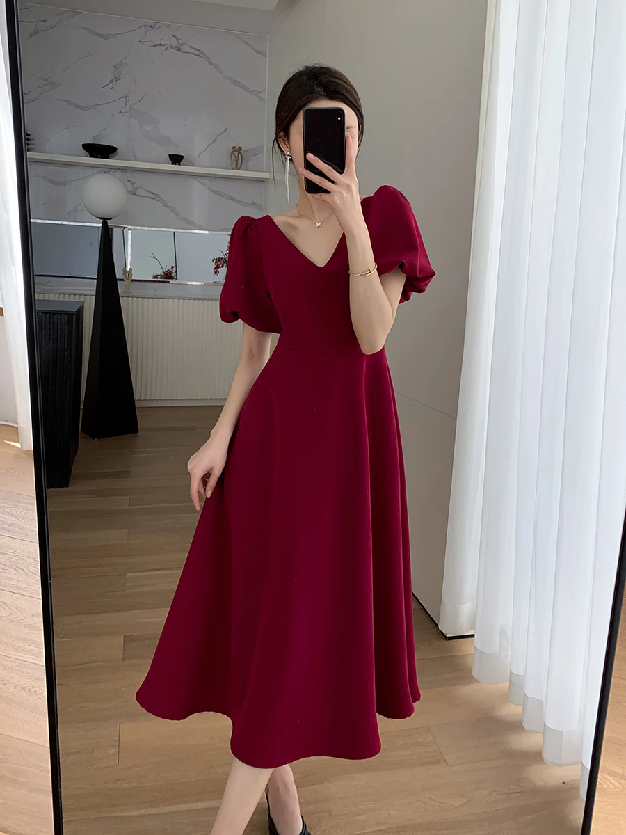 

Summer Elegant V Neck Puff Sleeve Red Dress for Women Casual A Line Wedding Birthday Party Vestidos Fashion Female Clothing