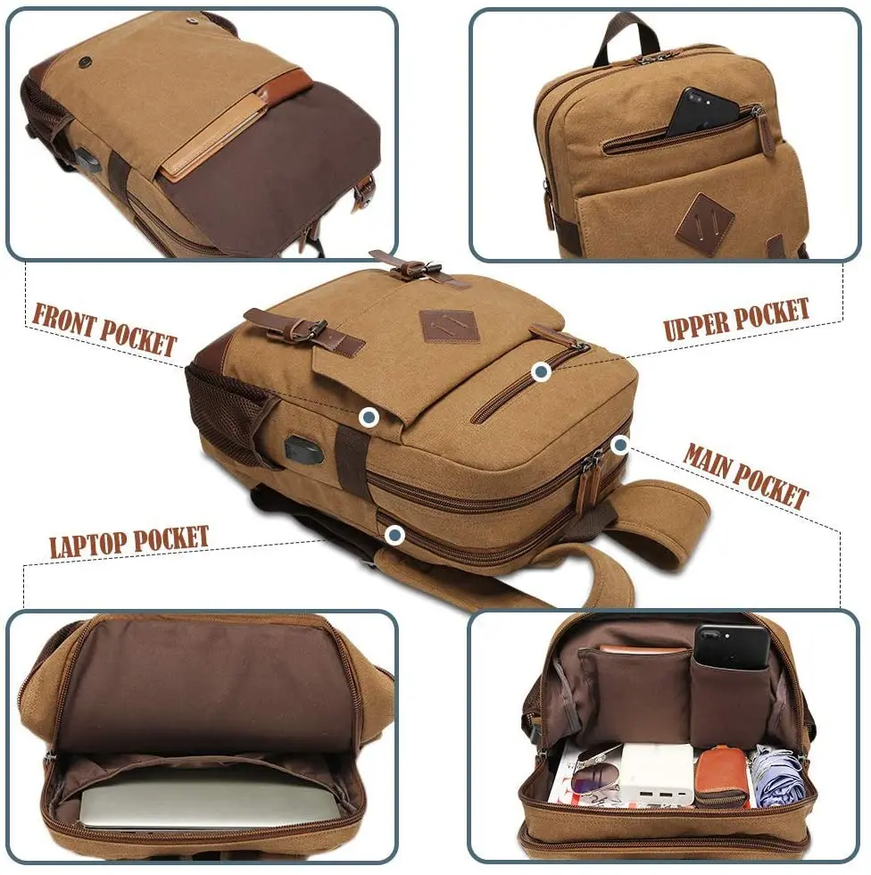 Canvas Backpack for Men Women, Vintage Rucksack Fits Most 15.6 Inch Laptop, Bookbag with USB Charging Port, Brown