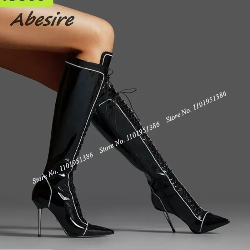 Abesire Black Cross Tied  Metal Heel Boots Lace up Knee High Pointed Toe Stiletto Shoes for Women High Heels Zapatillas Mujer