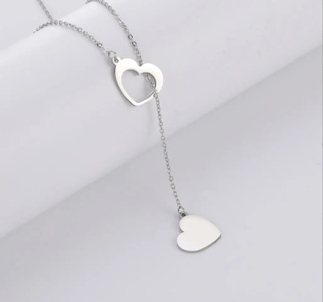 Двойное кольцо ожерелье сердце из нержавеющей стали F1403