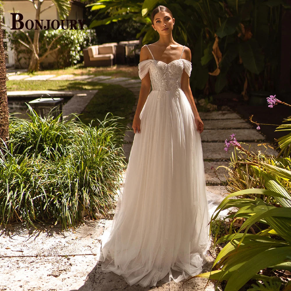 

BONJOURY Classic Wedding Dresses For Woman Marriage Off Shoulder Pleat A-LINE Appliques Tulle Robe De Mariee Made To Order