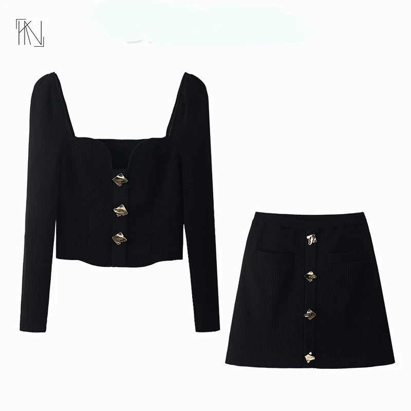 

Square Neck Long Sleeve Knitted Skirt Suit for Women 22 Autumn New Style Gold Button Knitted Shirt Skirt Two-piece Suit