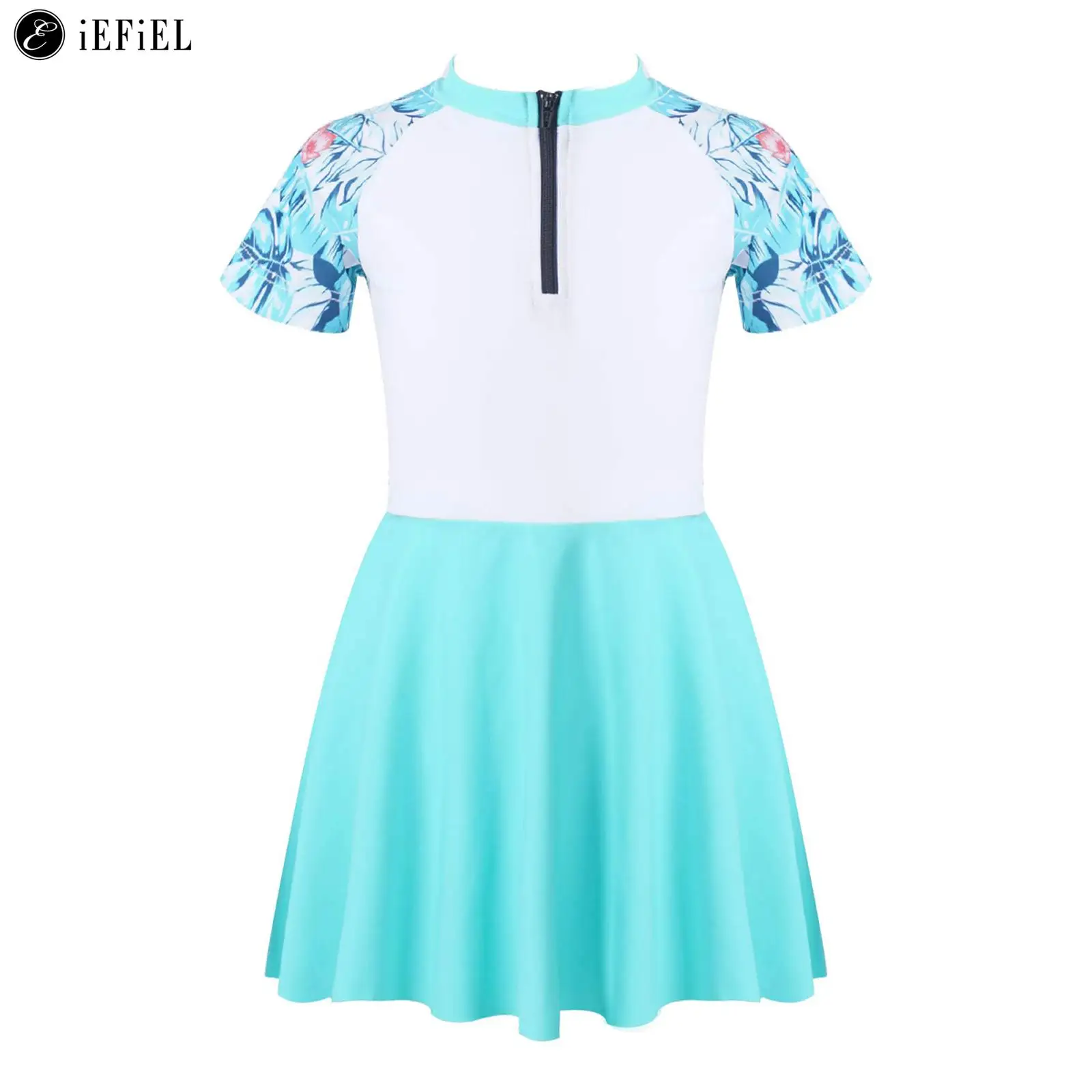 

Kids Girls One Piece Swimsuit Short Sleeve Front Zipper Swim Dress UPF 50+ Sun Protection Rash Guard Swimwear Bathing Suit