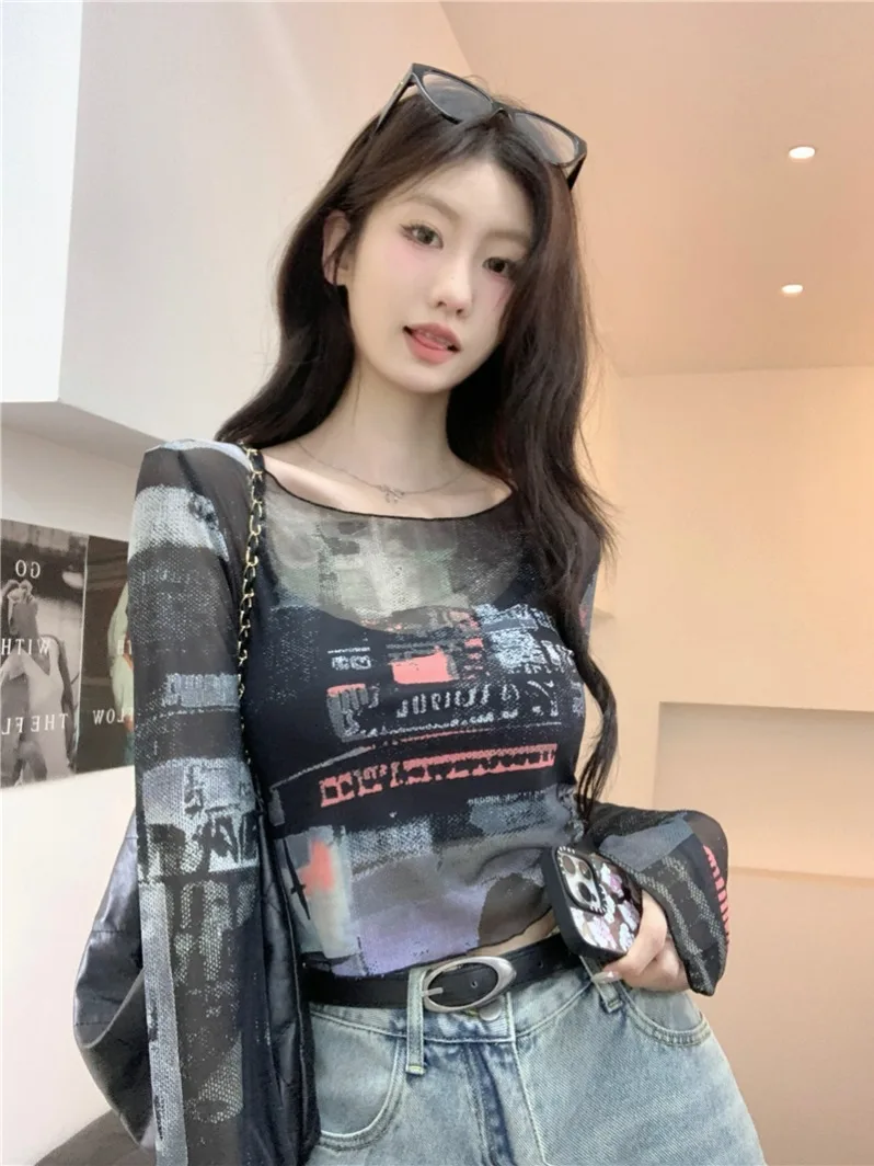 2024 Hong Kong Flavor Новый американский винтажный принт с длинным рукавом Солнцезащитная