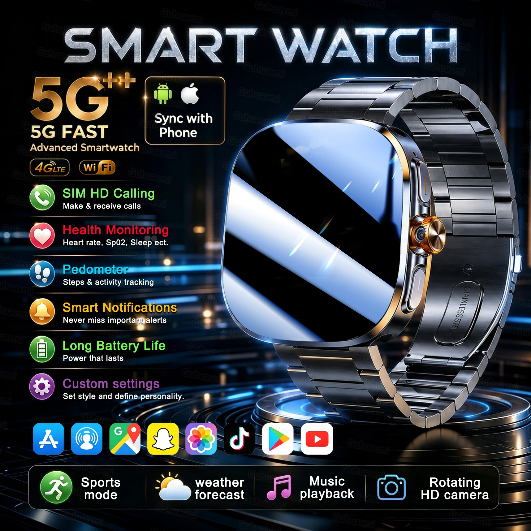 Фото Новые умные часы с поддержкой 4G и 5G, 2.4-дюймовый AMOLED-экран, слот для SIM-карты, GPS, Wi-Fi, модель 190 °   Смарт-часы Android с вращающейся камерой для игр №1