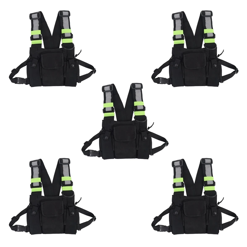 ABGZ-5X Radios Pocket Radio Chest Harness Chest Front Pack Pouch Holster Vest Rig Carry Case For 2 Way Radio Black+Green