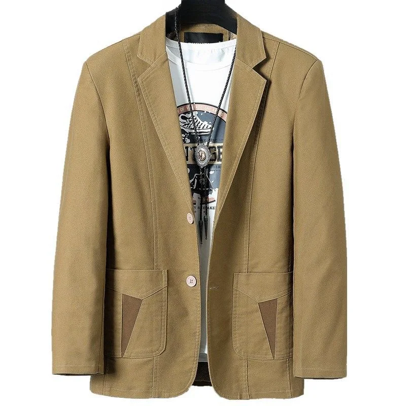 Повседневный мужской блейзер хлопковый коричневый приталенный однотонный