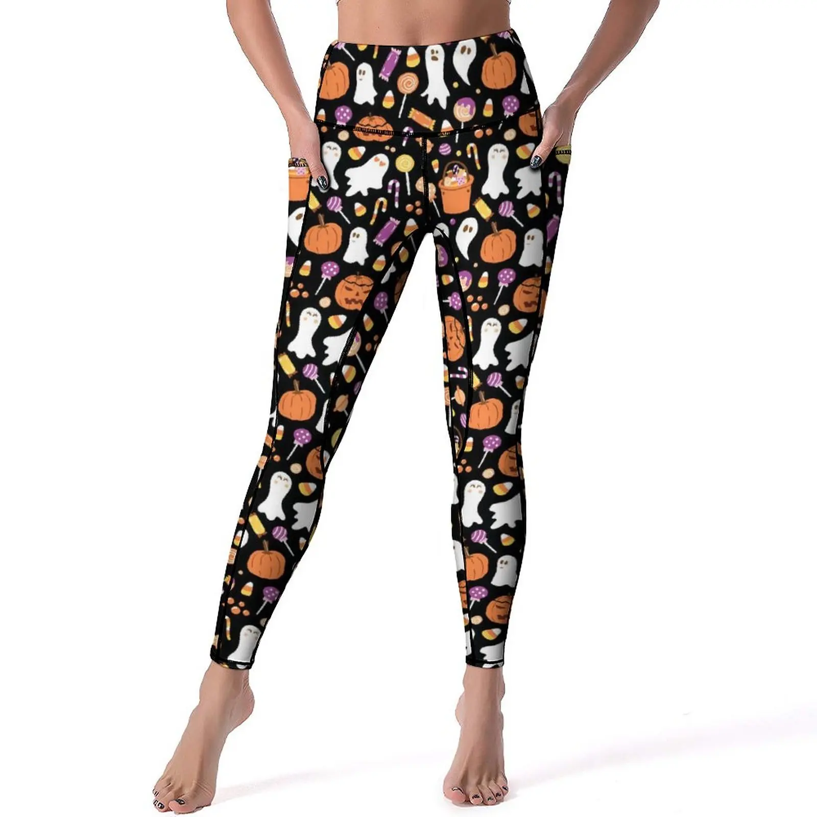 

Halloween Print Leggings Sexy Candy Ghost Workout Yoga Pants Push Up Stretchy Sport Legging Pockets Cute Graphic Leggins