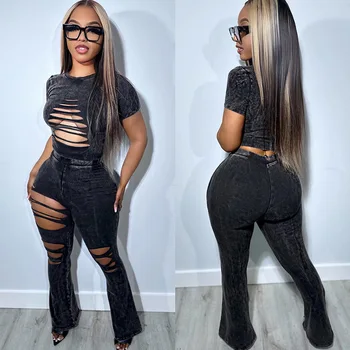 Fashion Hollow Out Hole 2 Piece Set Women Outfits Summer T Shirt Crop Top + Pants Skinny Streetwear Outfits Matching Sets Y2K 1