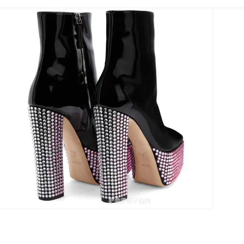 2023 European and American Waterproof Platform High-heeled Rhinestone Fashion Catwalk Boots Round Head Satin Black Leather Boots
