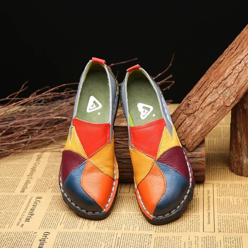 Women Loafers Patches Stitching Flat Shoes Woman Summer Flats Soft Candy Colors Genuine Leather Moccasins Loafers 2022 New