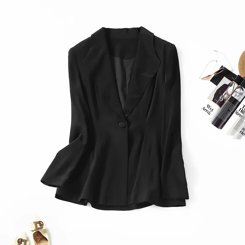 

Женский блейзер с длинным рукавом, элегантный черный пиджак из шелка тутового шелкопряда, Лето-Осень 100%