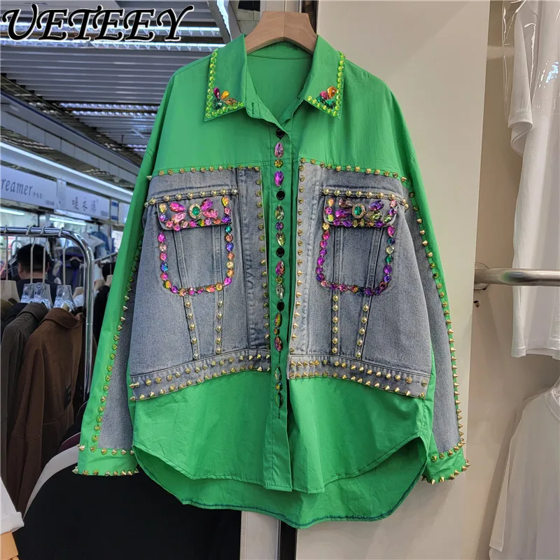 

European Station Spring New Design Sense Handmade Beaded Loose Tops Fashion Stitching Denim Green Shirt Women's Blouse