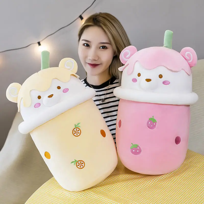 

2023 New Cute Boba Milk Tea Plushie Toy Soft Stuffed Apple Pink Strawberry Taste Milk Tea Hug Pillow Balls Bubo Kawaii Girl Toy